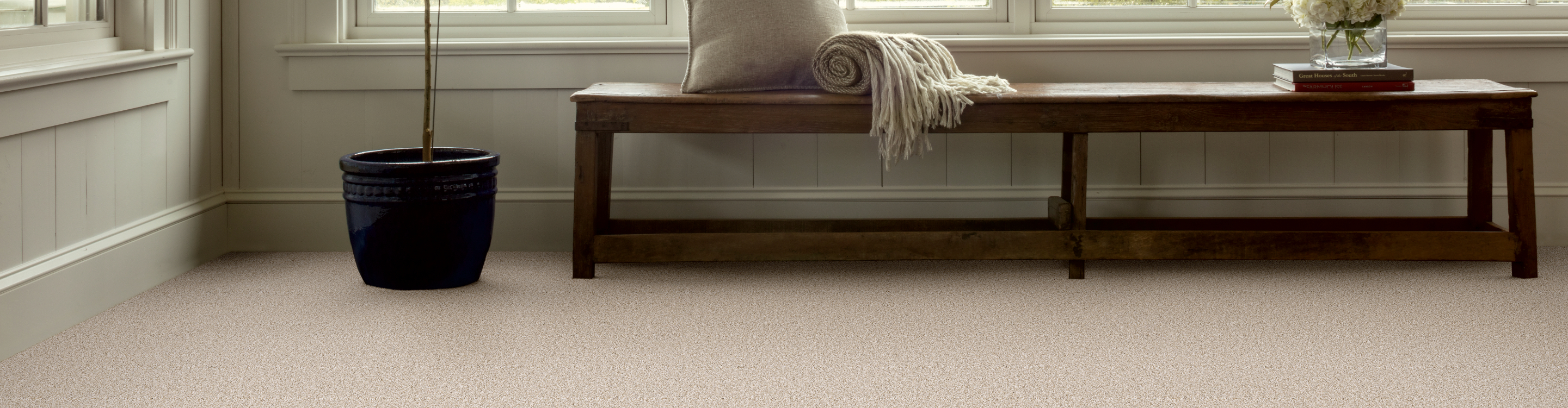 Beige Berber carpet with picture window, potted tree and bench. 